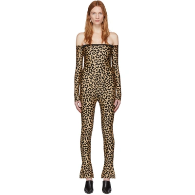 Shop Halpern Tan & Black Leopard Bare Shoulder Jumpsuit