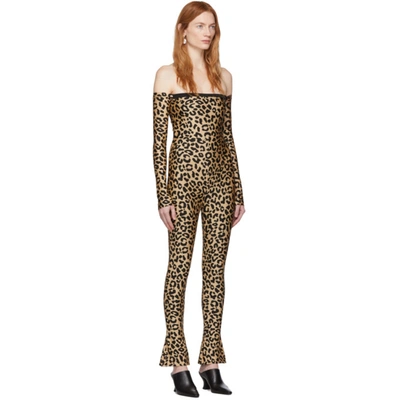 Shop Halpern Tan & Black Leopard Bare Shoulder Jumpsuit