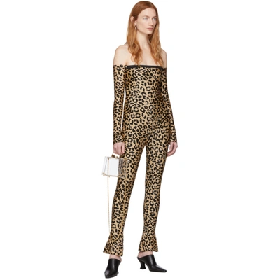 Shop Halpern Tan & Black Leopard Bare Shoulder Jumpsuit