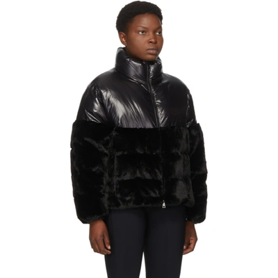 Shop Moncler Black Down Faux-fur Logo-dec Jacket In 999 Black