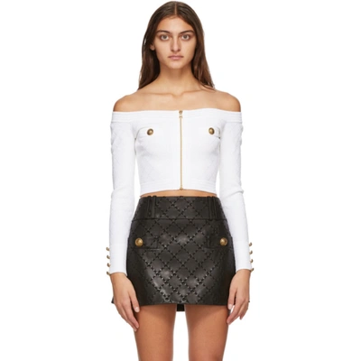 Shop Balmain White Off-the-shoulder Diamond Knit Cardigan In 0fa White