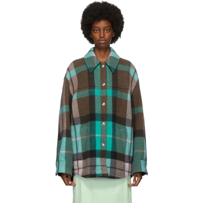 Shop Acne Studios Green & Pink Wool Checkered Overshirt Jacket In Turquoise