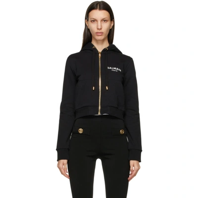 Shop Balmain Black Cropped Logo Zip Hoodie In Eab Blk/wh