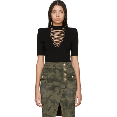 Shop Balmain Black Lace-up Sweater In 0pa Black