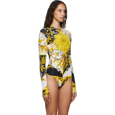 Shop Versace Brown & Yellow Barocco Bodysuit In A7027 Wh/bk