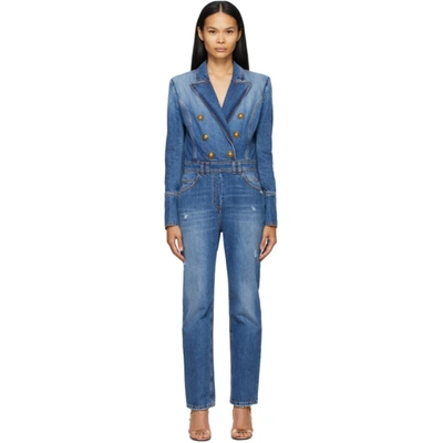 Shop Balmain Blue Denim Vintage Jumpsuit In 6ff Denim