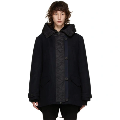 Shop Yves Salomon Navy Wool Hooded Parka In A7033 Navy