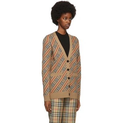 Shop Burberry Beige Check Coralie Cardigan In Camel