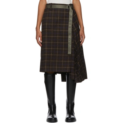 Shop Sacai Brown Wool Windowpane Skirt In 601 Brown