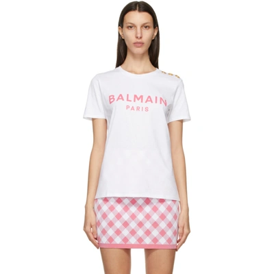 Shop Balmain White & Pink Button Logo T-shirt In Gby Wh/rose