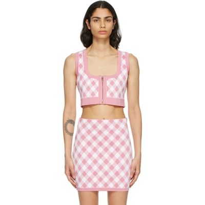 Shop Balmain Pink & White Check Cropped Tank Top In Oaj Rose/wh