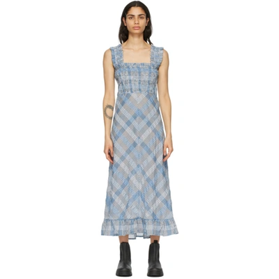 Ganni Seersucker Check Smocked Ruffle Dress In Blue | ModeSens