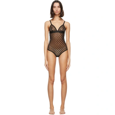 Shop Gucci Black Tulle Gg Bodysuit In 1000 Black