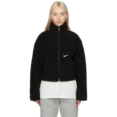 Shop Nike Black Sherpa Swoosh Jacket In 010 Blk/wh