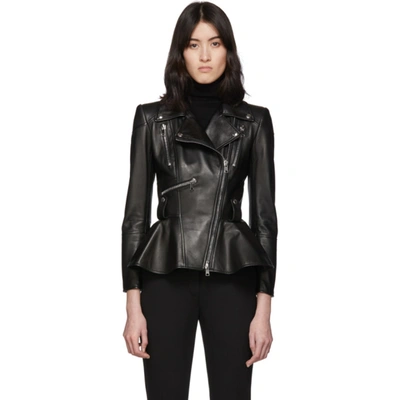 Shop Alexander Mcqueen Black Leather Peplum Jacket