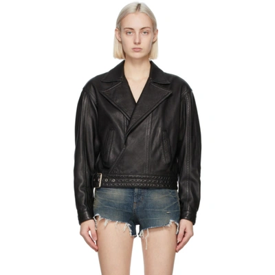 Shop Saint Laurent Black Leather Oversized Motorcycle Jacket In 1000 Black