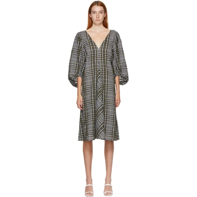 Shop Ganni Green Seersucker Check V-neck Dress In 861 Kalamat