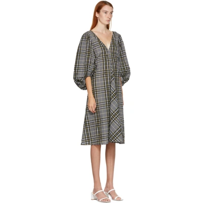 Shop Ganni Green Seersucker Check V-neck Dress In 861 Kalamat