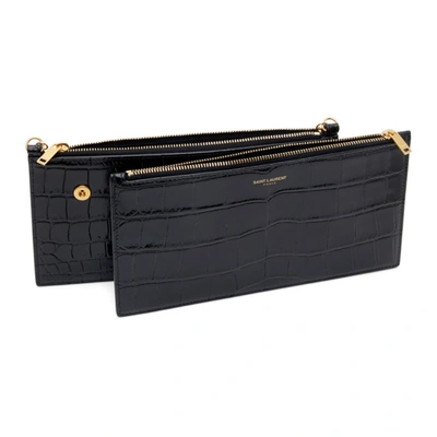 Shop Saint Laurent Black Croc Double Pocket Wallet Bag In 1000 Black