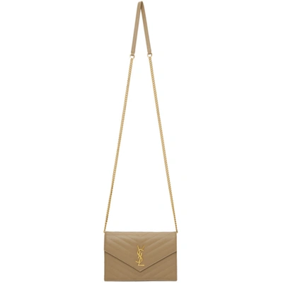 Shop Saint Laurent Gold Monogramme Envelope Chain Wallet Bag In 2643 Latte