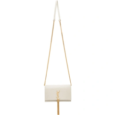 Shop Saint Laurent Off-white Croc Kate Tassel Chain Wallet Bag In 9207 Vintwh