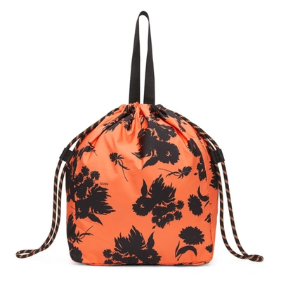 Shop Ganni Orange Recycled Tech Drawstring Tote In 307 Flame