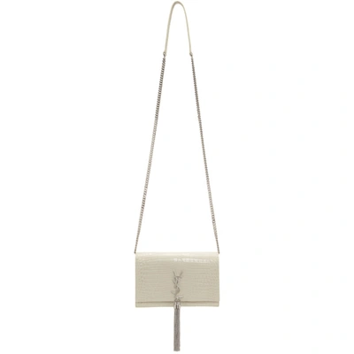 Shop Saint Laurent White Croc Kate Tassel Chain Wallet Bag In 9207 White