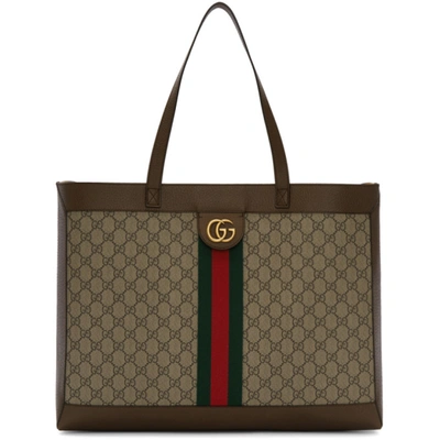 Shop Gucci Brown & Beige Gg Ophidia Tote In 8745 Beige