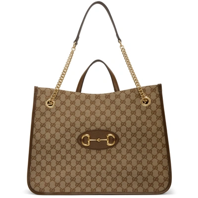 Shop Gucci Beige 1955 Gg Supreme Horsebit Tote In 8563 Brown