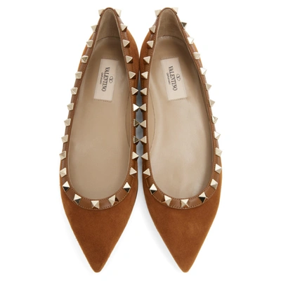 Shop Valentino Tan  Garavani Suede Rockstud Ballerina Flats In Hg5 Selleri