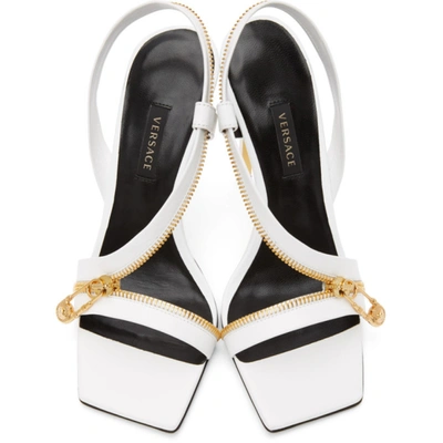 Shop Versace White Zip Strap Medusa Brooch Sandals In K0aoh White