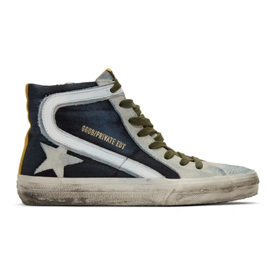 Shop Golden Goose Blue & Grey Denim Slide Sneakers