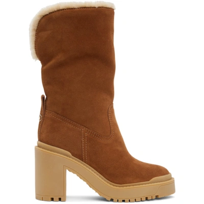 Shop Valentino Tan  Garavani Shearling Boots