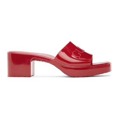 Shop Gucci Red Rubber Logo Mules In 6433 Red