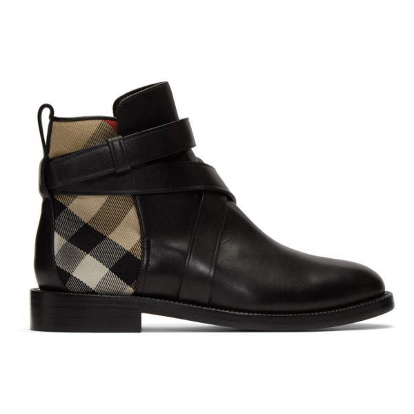 Burberry Strap Detail House Check And Leather Ankle Boots In Blk/archive |  ModeSens