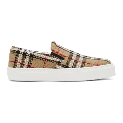 Shop Burberry Beige Check Bio-based Sole Latticed Slip-on Sneakers In Archive Bei
