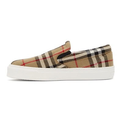 Shop Burberry Beige Check Bio-based Sole Latticed Slip-on Sneakers In Archive Bei