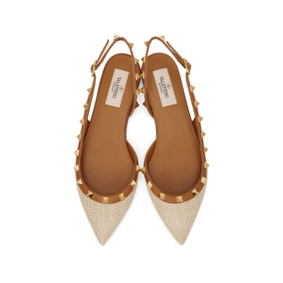 Shop Valentino Beige  Garavani Rockstud Slingback Raffia Ballerina Flats In 19j Natural