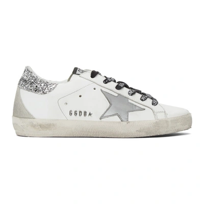 Shop Golden Goose White & Silver Glitter Superstar Sneakers In Wht/sil