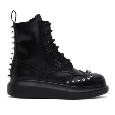 Shop Alexander Mcqueen Black Stud Leather Hybrid Brogue Boots In 1081 Bl/sil