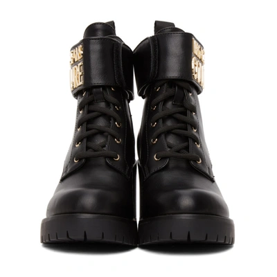 Shop Versace Jeans Couture Black Logo Lace Up Boots In Em27 Bk/gol