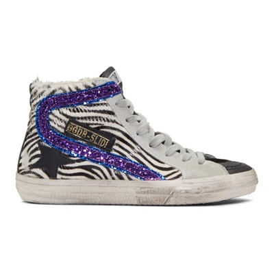 Shop Golden Goose Black & White Zebra-purple Slide Sneakers