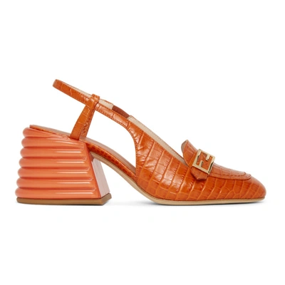 Shop Fendi Orange Croc Slingback Heels In F0qa5 Rust