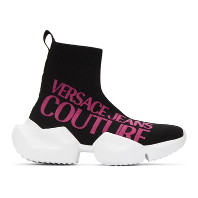 Shop Versace Jeans Couture Black & Pink Macro Logo Sock Sneakers In Emid Blk/pk