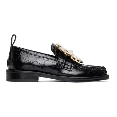 Shop Loewe Black Croc Flower Loafers In 1100 Black