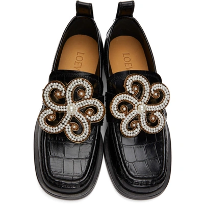 Shop Loewe Black Croc Flower Loafers In 1100 Black