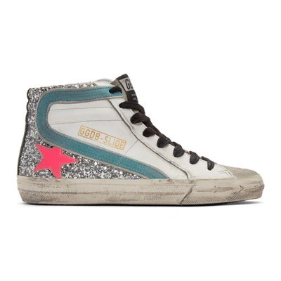 Shop Golden Goose White And Silver Glitter Slide Sneakers In White/silve