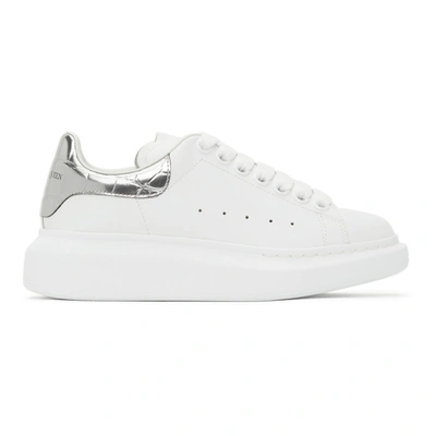 Alexander Mcqueen White Oversize Sneakers With Snake Print On The Heel In Leather Woman In Silver