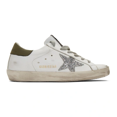 Shop Golden Goose White And Silver Glitter Superstar Sneakers In Olive