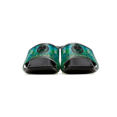 Shop Versace Green & Blue Hologram Jungle Print Mules In Dv8 Turquoi